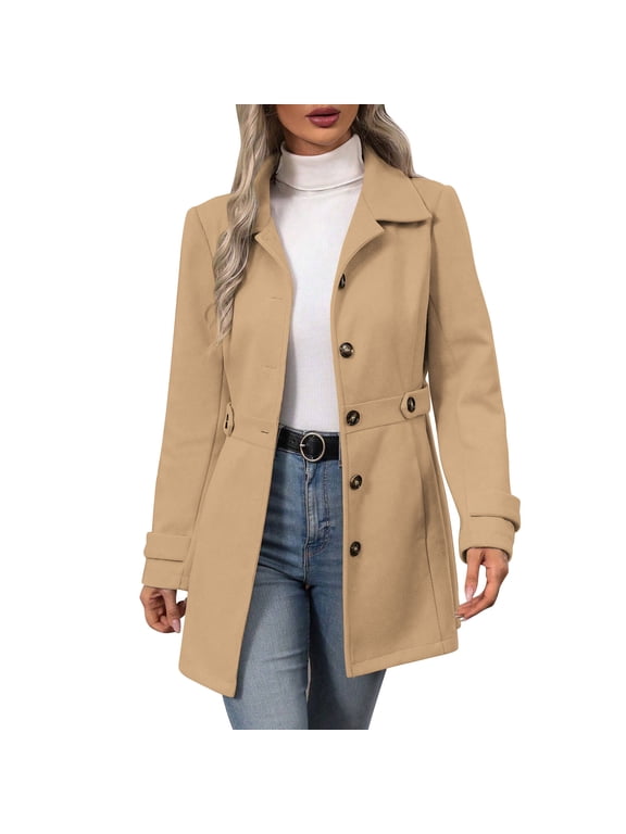 Trench Coats for Women Single Breasted Turndown Collar Long Coats Fall Winter Outerwear