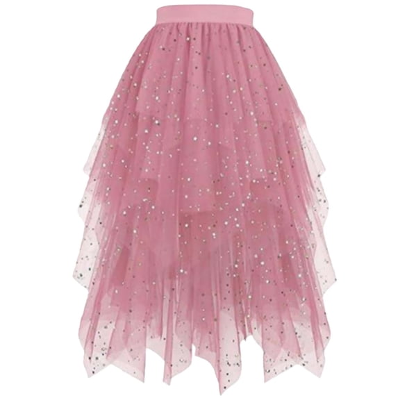 Yievot Tulle Skirts for Women High Low Asymmetrical Layered Puffy Sequin Skirts Midi Length Irregular Tutu Skirt