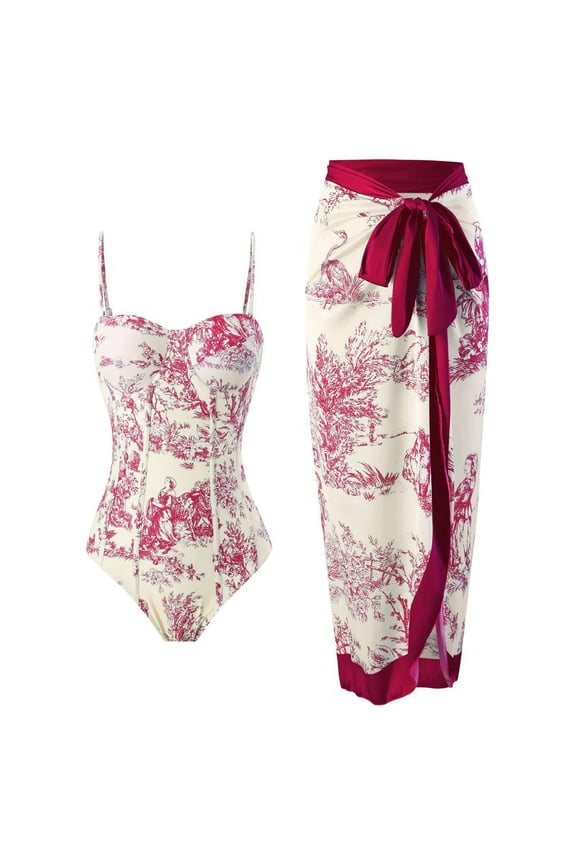 Yievot Two-Piece Swimwear Swim Dress For Women Flower Boho Print Lace Up Swimsuits With Long Skirt Chiffon Womens Bathing Suits