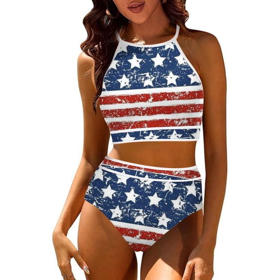 Yievot Two Piece Women High Waisted Bikini Swimsuit Sets Halter Crop Top Round Neck Swimwear Soft 4th of July Women Bathing Suit with Shorts on Clearance