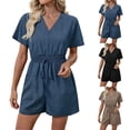 thumbnail image 1 of Yievot V Neck Rompers for Women Short Sleeve Elastic Smocked Tie Waist Casual Jumpsuits for Business Work, 1 of 7