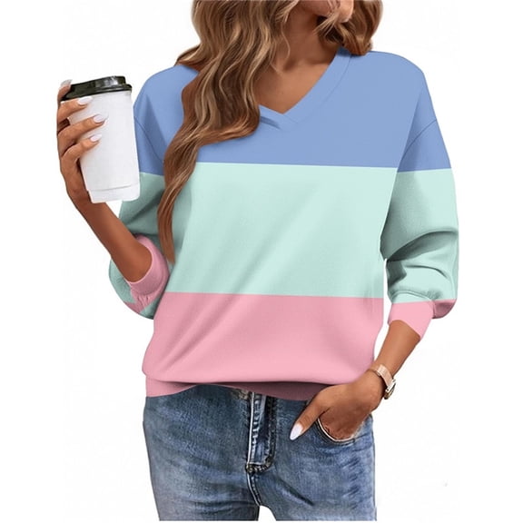 Yievot V-Neck Sweatshirts for Women Color Block Long Sleeve Loose Fall Tops Casual Pullover Sweatshirt