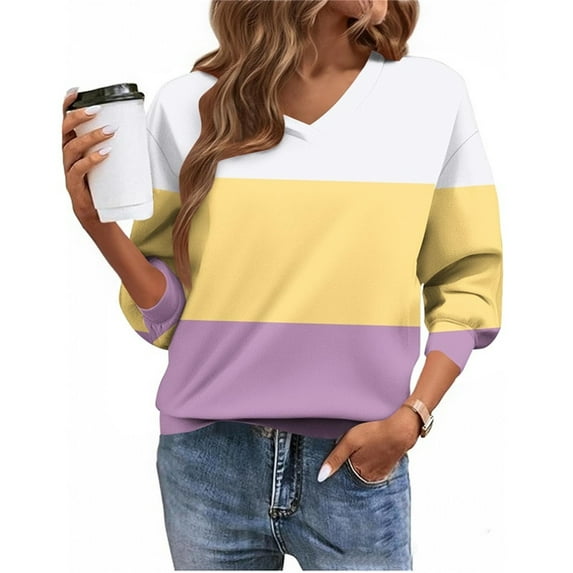Yievot V-Neck Sweatshirts for Women Color Block Long Sleeve Loose Fall Tops Casual Pullover Sweatshirt