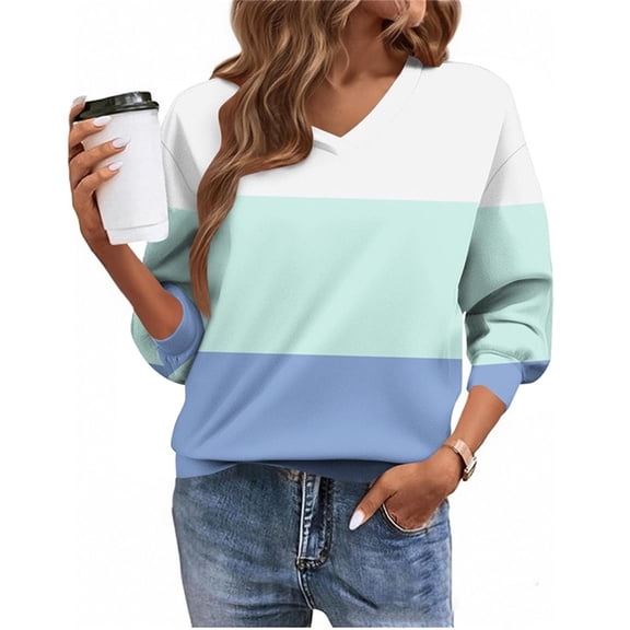 Yievot V-Neck Sweatshirts for Women Color Block Long Sleeve Loose Fall Tops Casual Pullover Sweatshirt