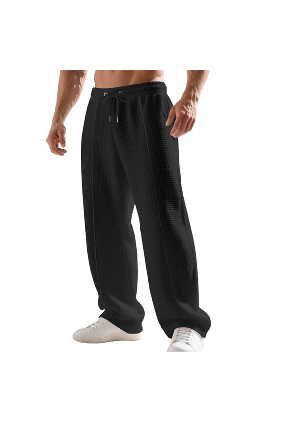 Waffle Pants for Men Straight Leg Elastic Waist Drawstring Workout Pants Summer Fall Solid Beach Vacation Lounge Pants with Pockets