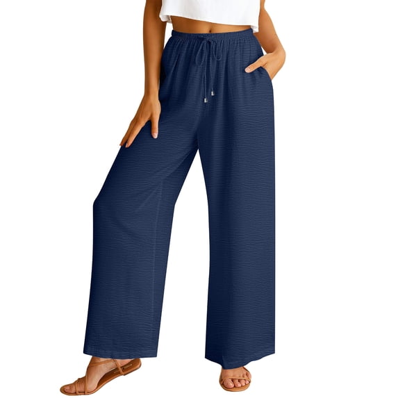 Yievot Wide Leg Pants for Women Loose Palazzo Travel Trousers with Pockets Drawstring Elastic Waist Summer Beach Vacation Pants