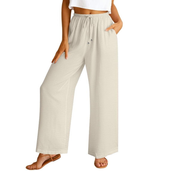 Yievot Wide Leg Pants for Women Loose Palazzo Travel Trousers with Pockets Drawstring Elastic Waist Summer Beach Vacation Pants