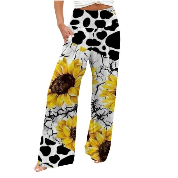 Yievot Women Linen Pants S Yellow Clearance Women's Loose Wide Leg Pants High Waist Straight Pants Casual Printing Pants