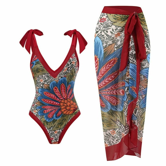 Yievot Women Two Piece Swimsuit With Matching Cover Ups Floral Sexy Monokini With Chiffon Long Skirt High Wasit Cut Push Up Womens Bathing Suit On Clearance