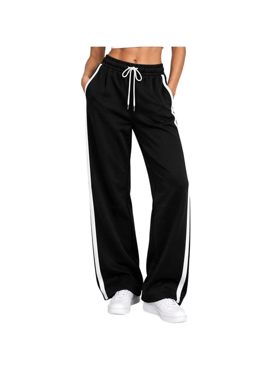 Women Wide Leg Sweatpants High Waist Drawstring Casual Track Pants Striped Loose Workout Running Pants with Pockets