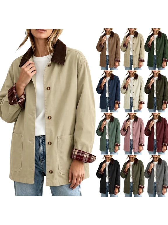 Women's Barn Jacket Collared Button Down Mid-Length Shacket Jackets with Plaid Lining for Fall Winter