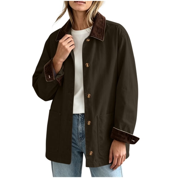Yievot Women's Collared Barn Jacket Long Sleeve Button Down Long Coat Trendy Fashion Casual Jackets with Pockets