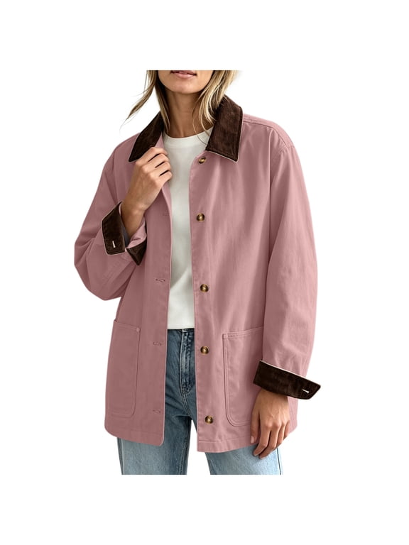 Women's Collared Barn Jacket Long Sleeve Button Down Long Coat Trendy Fashion Casual Jackets with Pockets