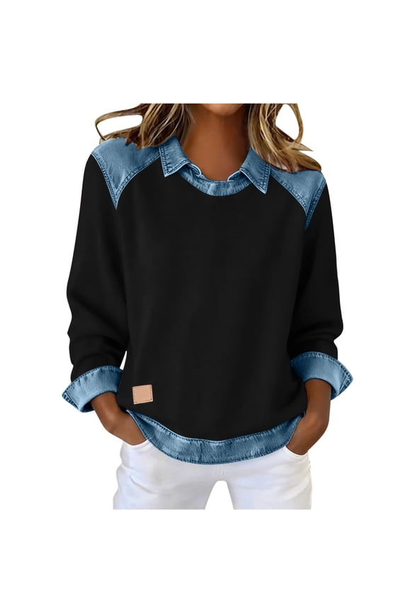 Women's Color Block Blouse Long Sleeve Fashion Denim Stitching Collared Blouses Casual Office Work Pullover Tops