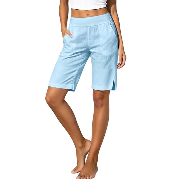 Yievot Women's Cotton Bermuda Shorts 9 Inch Inseam Elastic Waist Side Slit Breathable Summer Beach Vacation Shorts