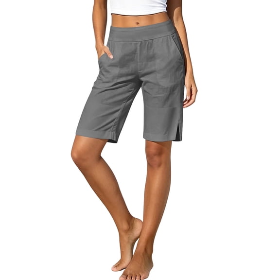 Yievot Women's Cotton Bermuda Shorts 9 Inch Inseam Elastic Waist Side Slit Breathable Summer Beach Vacation Shorts