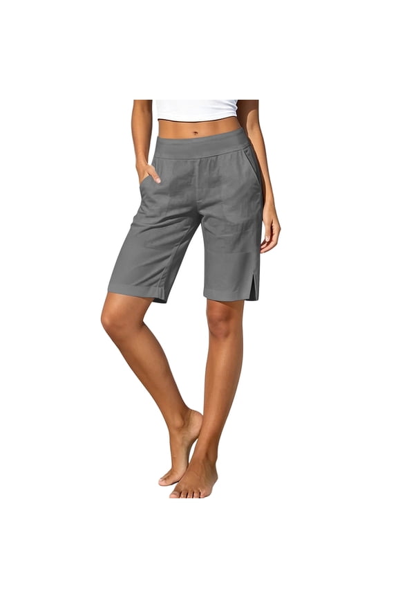 Women's Cotton Bermuda Shorts 9 Inch Inseam Elastic Waist Side Slit Breathable Summer Beach Vacation Shorts