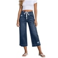 thumbnail image 1 of Yievot Women's Distressed Denim Pants Wide Leg Elastic Waist Drawstring Loose Casual Summer Cropped Jeans, 1 of 5