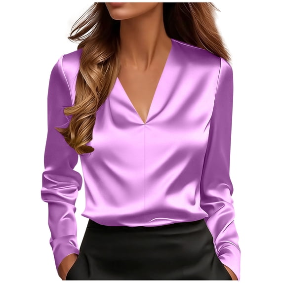 Yievot Women's Elegant Satin Blouses Long Sleeve Dressy Office Work Shirt V Neck Silk Tops