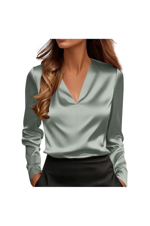 Women's Elegant Satin Blouses Long Sleeve Dressy Office Work Shirt V Neck Silk Tops