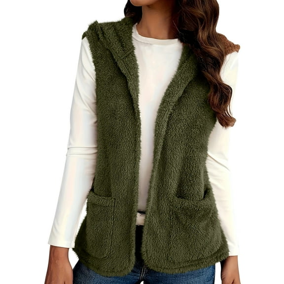Yievot Women's Fall Winter Fleece Vest Trendy Sleeveless Hooded Sherpa Jacket with Pocket Open Front Fuzzy Warm Outerwear