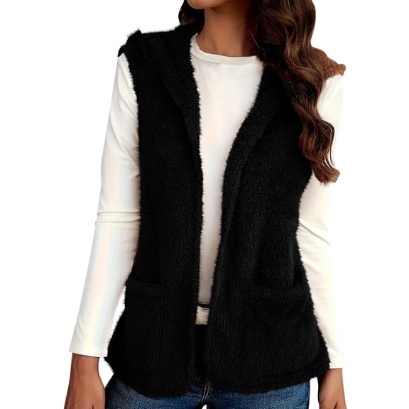 Yievot Women's Fall Winter Fleece Vest Trendy Sleeveless Hooded Sherpa Jacket with Pocket Open Front Fuzzy Warm Outerwear