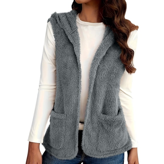 Yievot Women's Fall Winter Fleece Vest Trendy Sleeveless Hooded Sherpa Jacket with Pocket Open Front Fuzzy Warm Outerwear