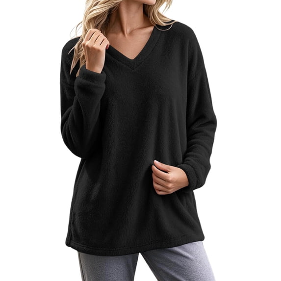 Yievot Women's Fleece Sweatshirts V Neck Long Sleeve Fall Top Solid Color Casual Warm Tunic Tops