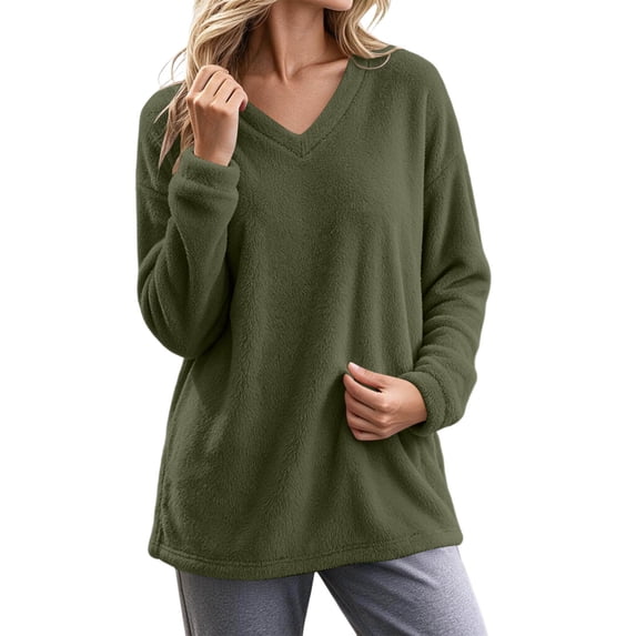 Yievot Women's Fleece Sweatshirts V Neck Long Sleeve Fall Top Solid Color Casual Warm Tunic Tops