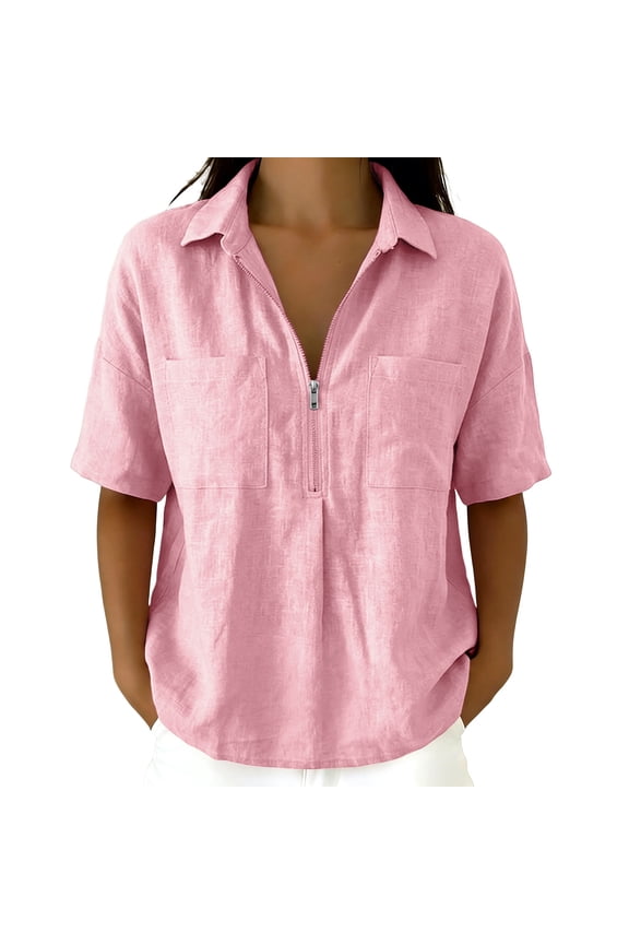 Women's Half Zip Front Short Sleeve Shirt Collared V Neck Blouse with Pockets Casual Summer Top