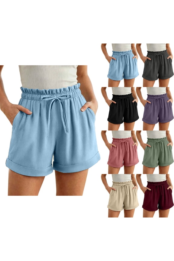 Women's High Waisted Cotton Shorts 5 Inch Inseam Drawstring Ruffle Elastic Waist Summer Vacation Casual Shorts