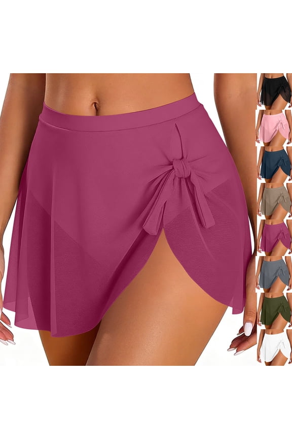 Women's High Waisted Swim Skirt Tummy Control Mesh Tie Knot Bathing Suit Bottom Ladies Cute Swimsuit Skirt