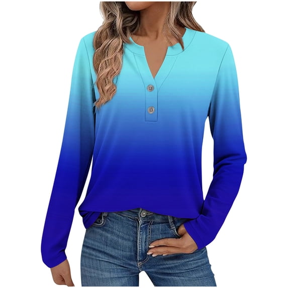 Yievot Women's Long Sleeve Shirts Dressy Blouses Fall Henley Casual Tops Gradient Print T-Shirts