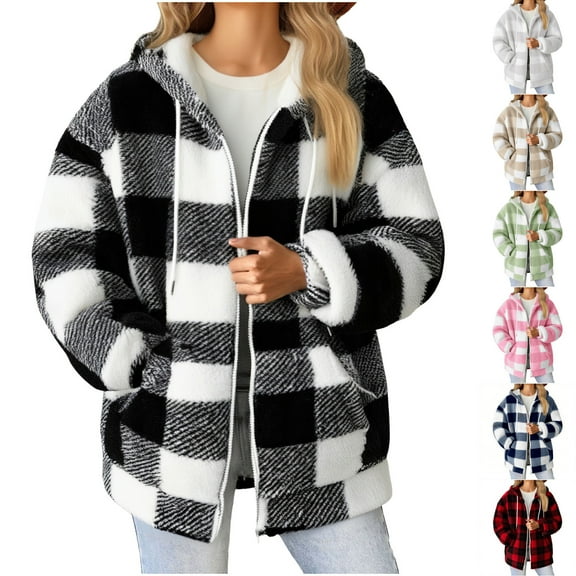 Yievot Women's Plaid Hooded Jackets Fleece Long Sleeve Zip Up Jacket Fall Winter Regular Fit Warm Casual Outerwear with Pocket