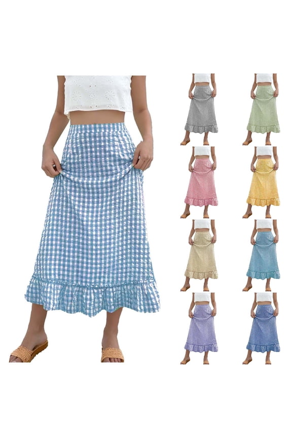 Women's Plaid Skirt Flowy Pleated Skirt Midi Long Elastic High Waist Ladies Summer A Line Skirts