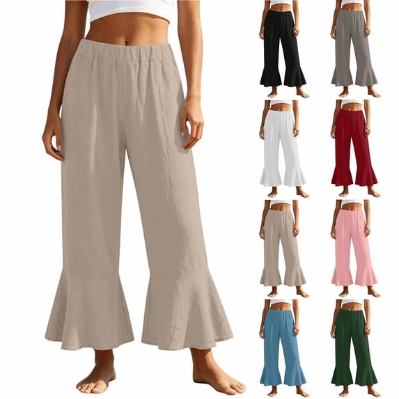 Yievot Women's Ruffle Hem Pants Cotton Linen Elastic Waist Loose Fit Flowy Casual Summer Beach Vacation Pants with Pockets
