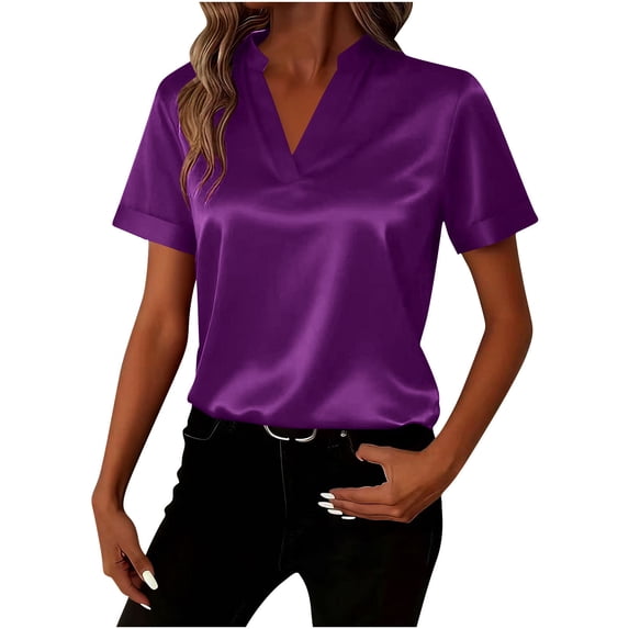 Yievot Women's Satin Tops Business Casual Silk Blouses Summer V Neck Short Sleeve Shirts