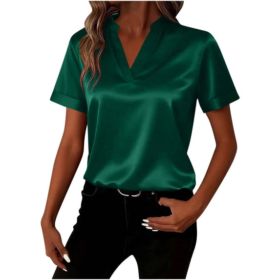Yievot Women's Satin Tops Business Casual Silk Blouses Summer V Neck Short Sleeve Shirts