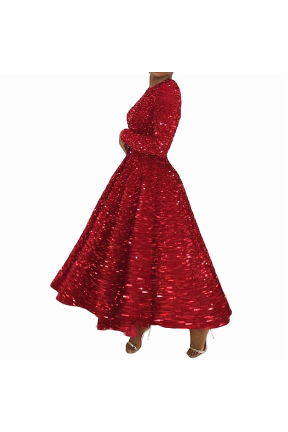 Women'S Sequin Plus Size Long Sleeve A-Line Flared Party Cocktail Sparkle Glitter Evening Shiny Maxi Dress Red L