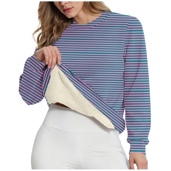 Yievot Women's Sherpa Lined Sweatshirts Oversized Fleece Thermal Pullover Casual Striped Crewneck Sweatshirt Winter Warm Tops