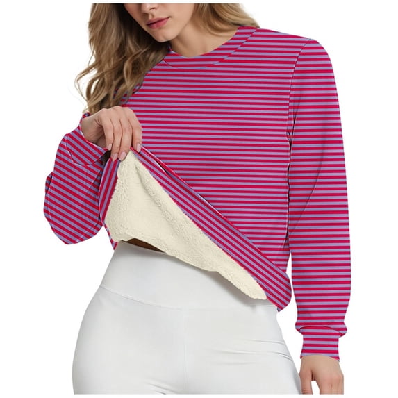 Yievot Women's Sherpa Lined Sweatshirts Oversized Fleece Thermal Pullover Casual Striped Crewneck Sweatshirt Winter Warm Tops