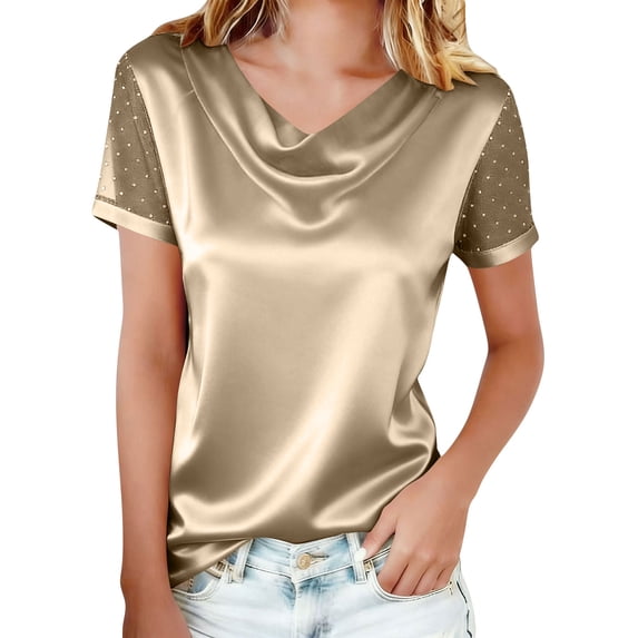 Yievot Women's Short Sleeve Satin Shirts Casual Dressy Blouses Eyelet Summer Business Work Tops