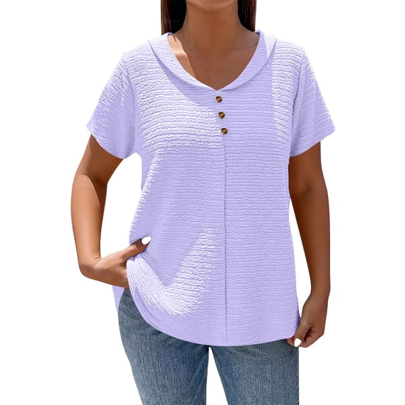 Yievot Women's Textured Short Sleeve Blouse Crewneck Button Down Tunic Top Casual Summer Shirt