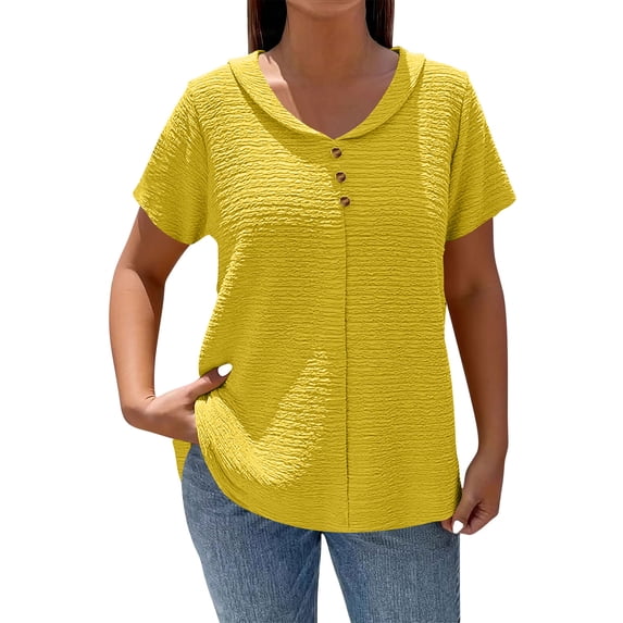 Yievot Women's Textured Short Sleeve Blouse Crewneck Button Down Tunic Top Casual Summer Shirt