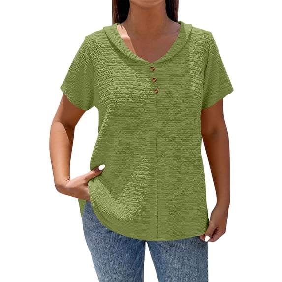 Yievot Women's Textured Short Sleeve Blouse Crewneck Button Down Tunic Top Casual Summer Shirt
