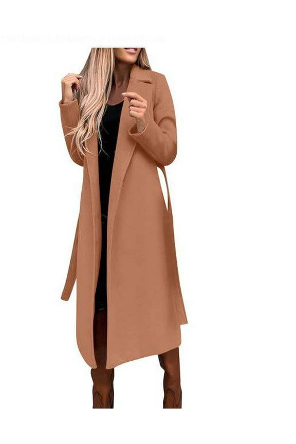 Women's Trench Coat Fall Winter Long Sleeve Lapel Open Front Cardigan Overcoat Windbreaker