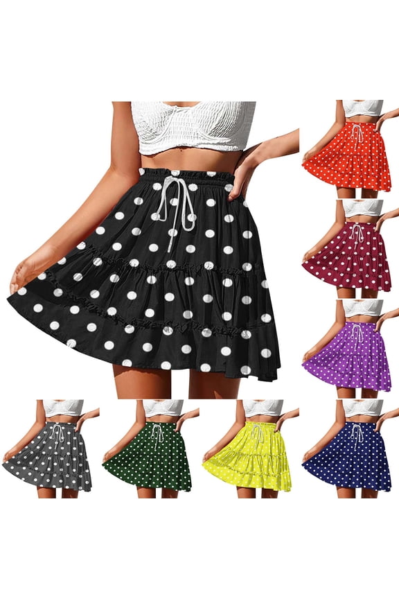 Womens Boho Mini Skirt Flowy Ruffle Tiered Pleated Skirts Drawstring Elastic Waist A Line Summer Beach Skirts