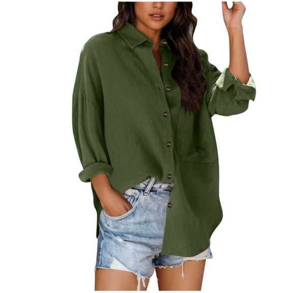 Yievot Womens Button Down Shirt Casual Collar Long Sleeve Oversized Blouse Tops with Pocket