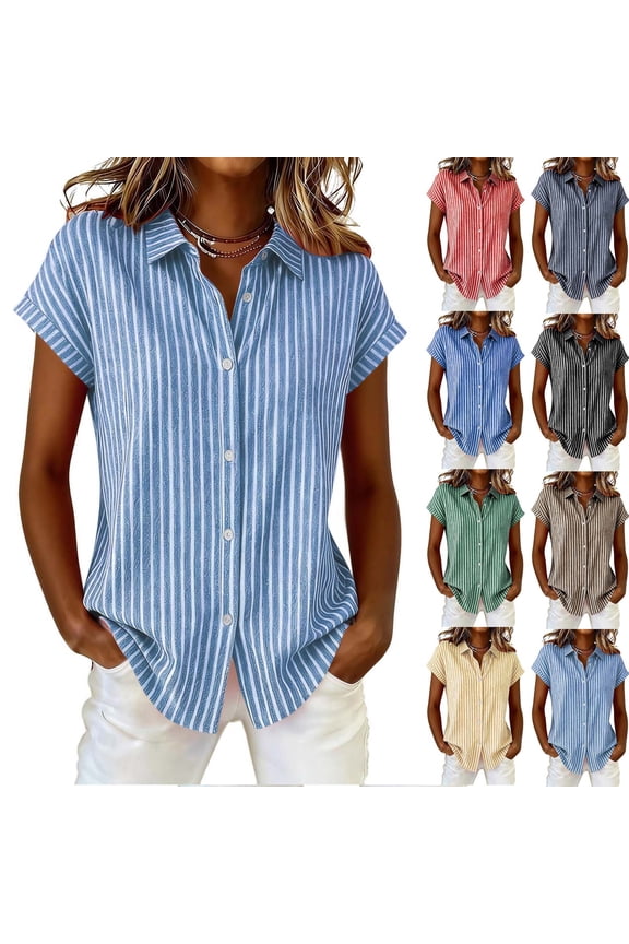 Womens Button Down Shirts Cotton Linen Striped Dress Shirt Short Sleeve Collared Office Work Blouses Summer Tops