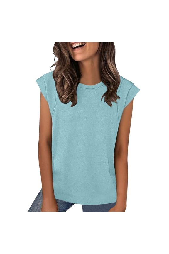 Womens Cap Sleeve Tops Business Casual Crewneck Tee Shirts Summer Trendy Vacation Blouses